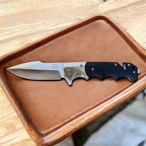 Lothar Smaug D2 Steel Folding Knife with G10 Handle, Glass Breaker & Seatbelt Cutter – Tactical EDC Liner Lock