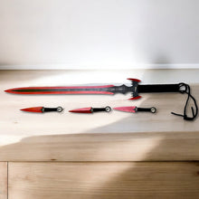 Load image into Gallery viewer, 27&quot; Tactical Master Machete Set – Red Bat Blade with 3 Throwing Knives &amp; Sheath