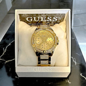 Gold GUESS Watch with Box & Cleaning Cloth – Elegant Crystal Accent Wristwatch for Men or Women