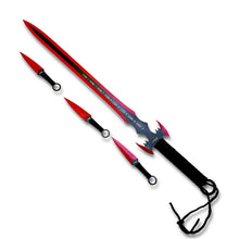 Load image into Gallery viewer, 27&quot; Tactical Master Machete Set – Red Bat Blade with 3 Throwing Knives &amp; Sheath