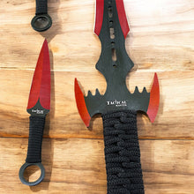 Load image into Gallery viewer, 27&quot; Tactical Master Machete Set – Red Bat Blade with 3 Throwing Knives &amp; Sheath