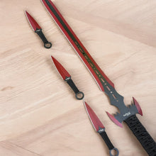 Load image into Gallery viewer, 27&quot; Tactical Master Machete Set – Red Bat Blade with 3 Throwing Knives &amp; Sheath