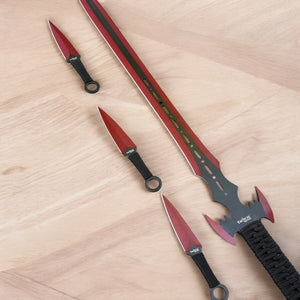 27" Tactical Master Machete Set – Red Bat Blade with 3 Throwing Knives & Sheath