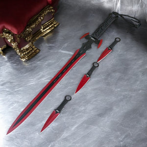 27" Tactical Master Machete Set – Red Bat Blade with 3 Throwing Knives & Sheath