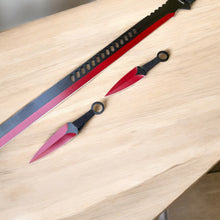 Load image into Gallery viewer, Wartech 27&quot; Red &amp; Black Full Tang Machete Sword with 2 Throwing Knives – Stainless Steel Fantasy Blade Set
