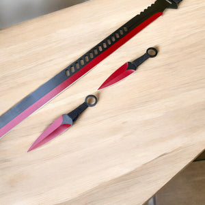 Wartech 27" Red & Black Full Tang Machete Sword with 2 Throwing Knives – Stainless Steel Fantasy Blade Set
